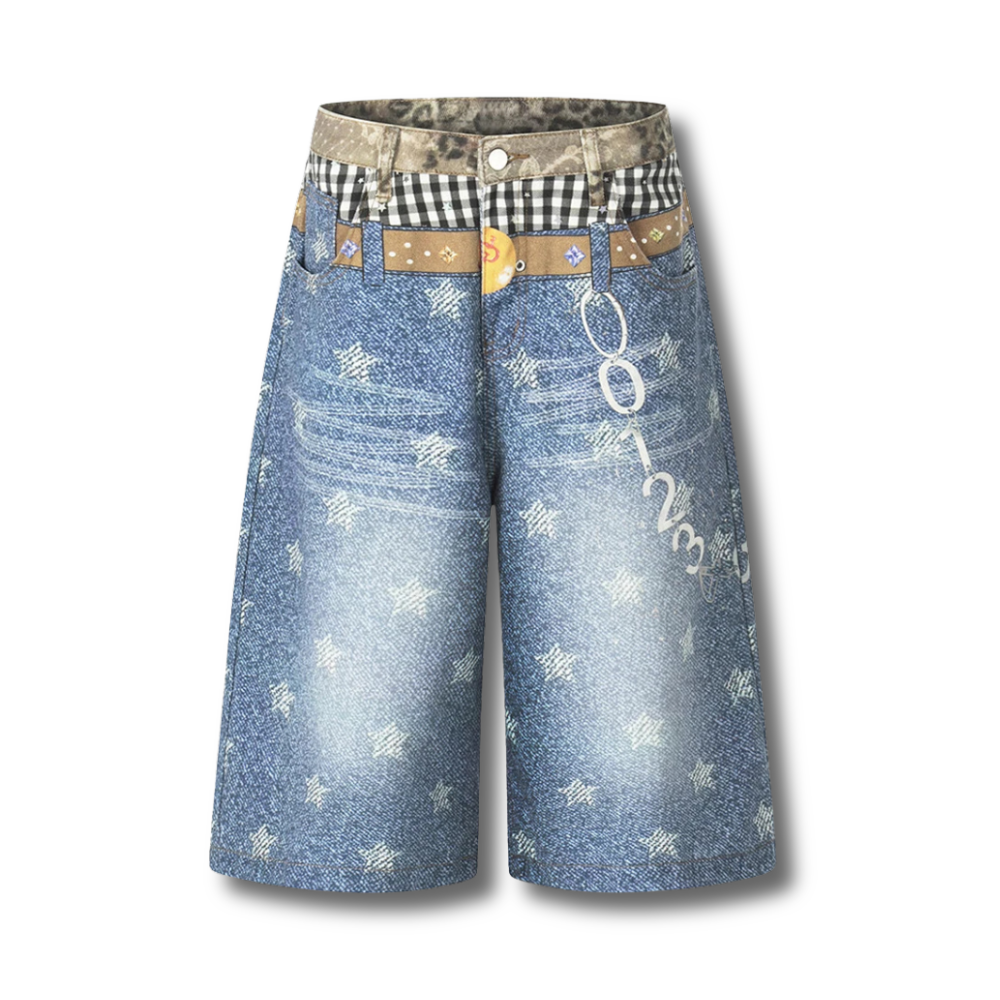 Streetwear Hip Hop Denim Shorts Men's Fashion Graphic Blue Loose Jeans Shorts Fake Two Piece Shorts 002wardrobe