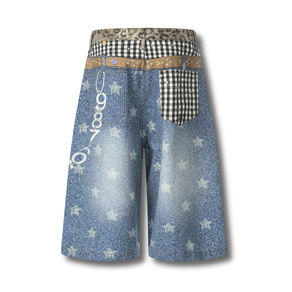Streetwear Hip Hop Denim Shorts Men's Fashion Graphic Blue Loose Jeans Shorts Fake Two Piece Shorts 002wardrobe