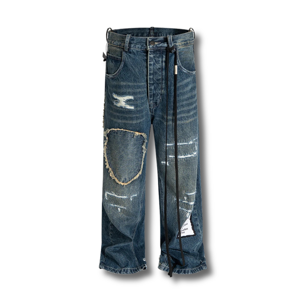 Patched Distressed Wide-Leg Denim