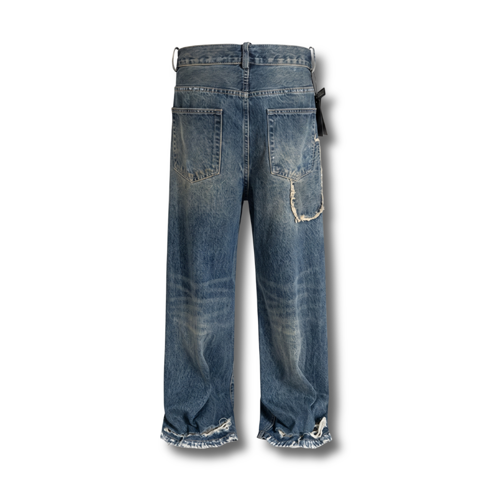 Patched Distressed Wide-Leg Denim