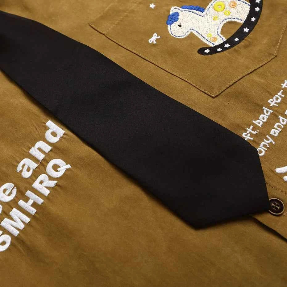 Cartoon Embroidery Shirts Men Summer Vintage Short Sleeve Shirts Button Up Blouse Unisex Y2K Shirts