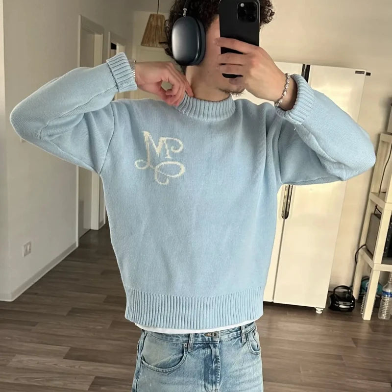 Y2K Retro Long Sleeve Sweater Signature M Logo Pattern Pullover Men New Fashion High Street Casual Streetwear Boxy Knitted Top 002wardrobe