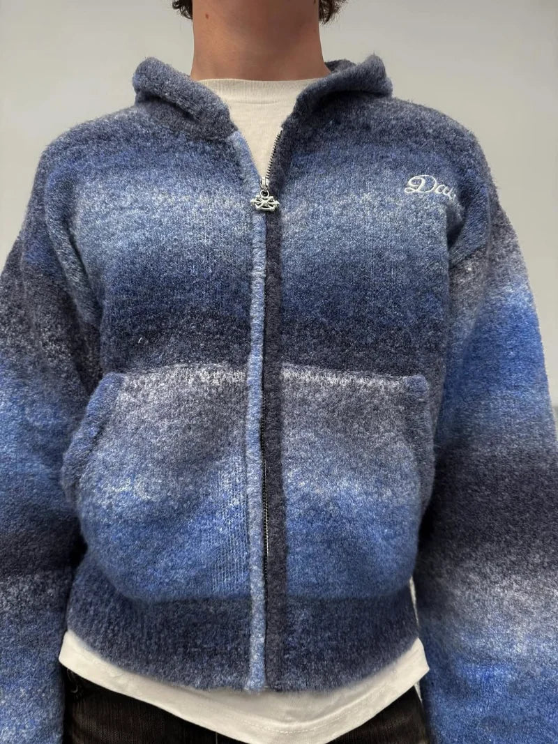 Hooded Knit Zip-Up Jacket Fuzzy Gradient Streetwear David Embroidery Casual Winter Warm Cozy Outerwear for Men Women Hoodies 002wardrobe