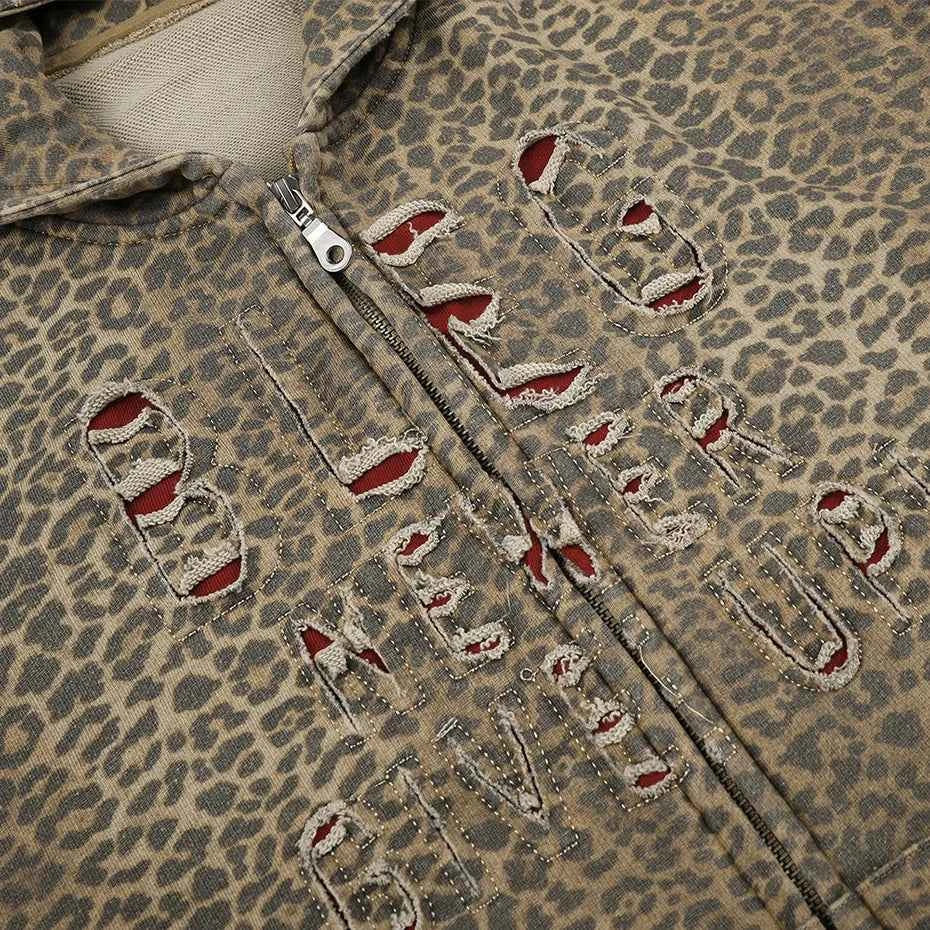 Leopard Distressed Zip-Up Hoodie