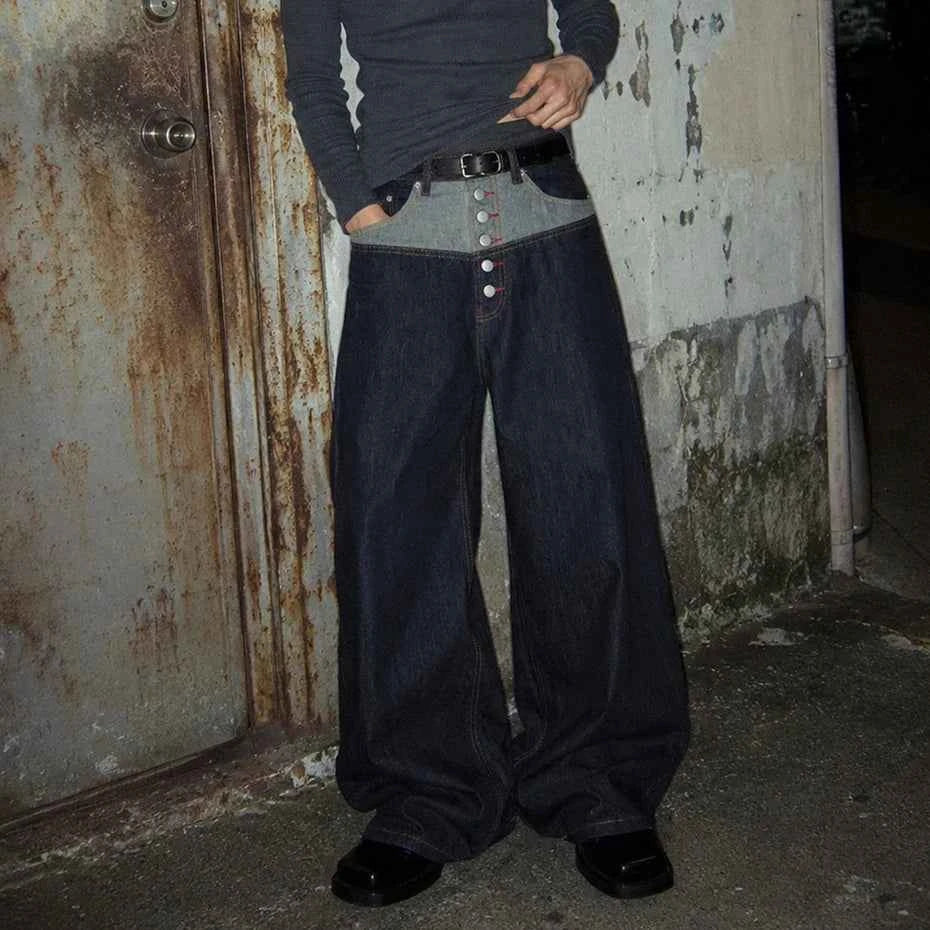 Men Hip Hop Baggy Jeans Patchwork Loose Straight Denim Pants Unisex Harajuku Streetwear Y2K Jeans