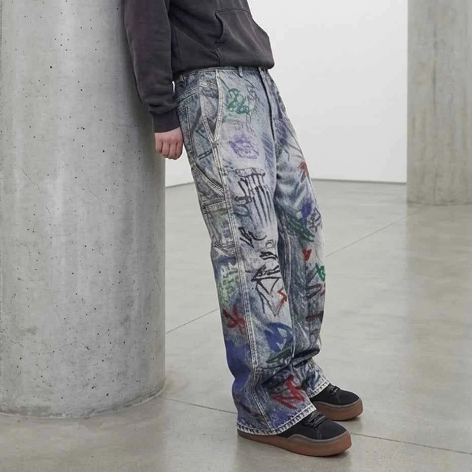 Double Waistline Jeans Men Fashion Graphic Graphic Loose Staight Denim Pants Streetwear Harajuku Hip Hop Baggy Jeans