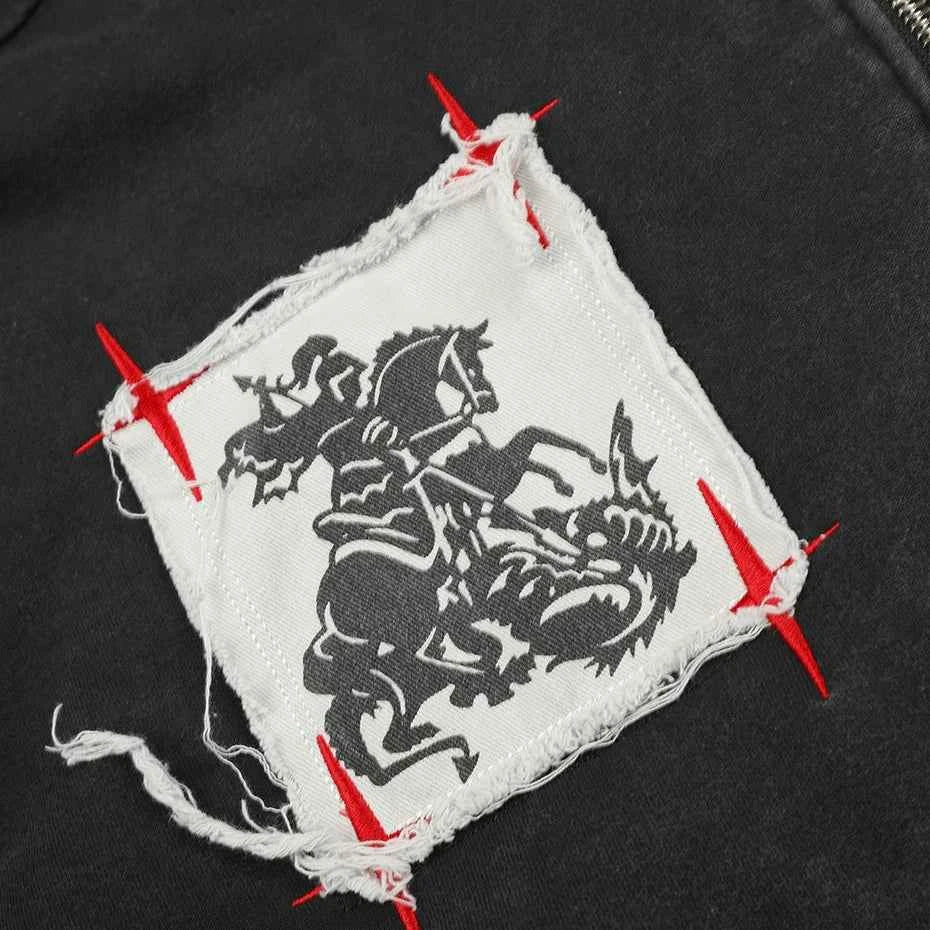 Heraldic Patch Acid-Wash Zip Hoodie