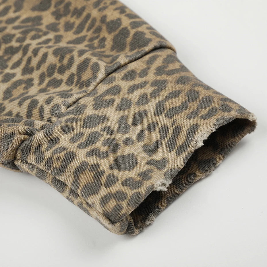 Leopard Distressed Zip-Up Hoodie