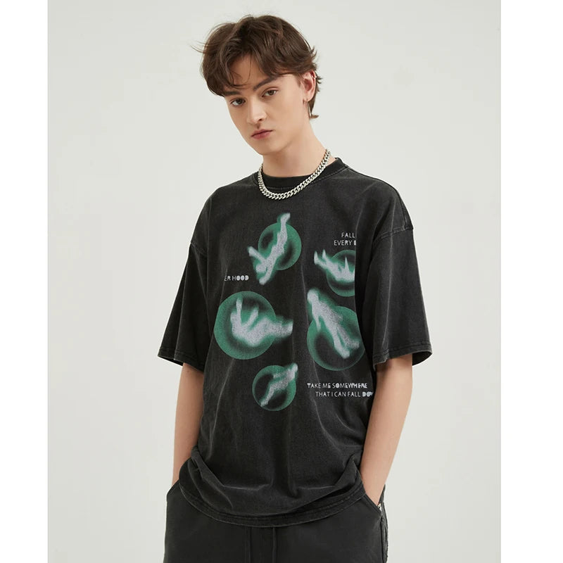 Hip Hop Streetwear Men T-Shirt Oversized Green Graphic T Shirt Retro Vintage Washed Black Tshirt Unisex Tops Tees Cotton 002wardrobe