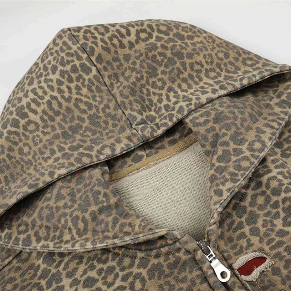 Leopard Distressed Zip-Up Hoodie