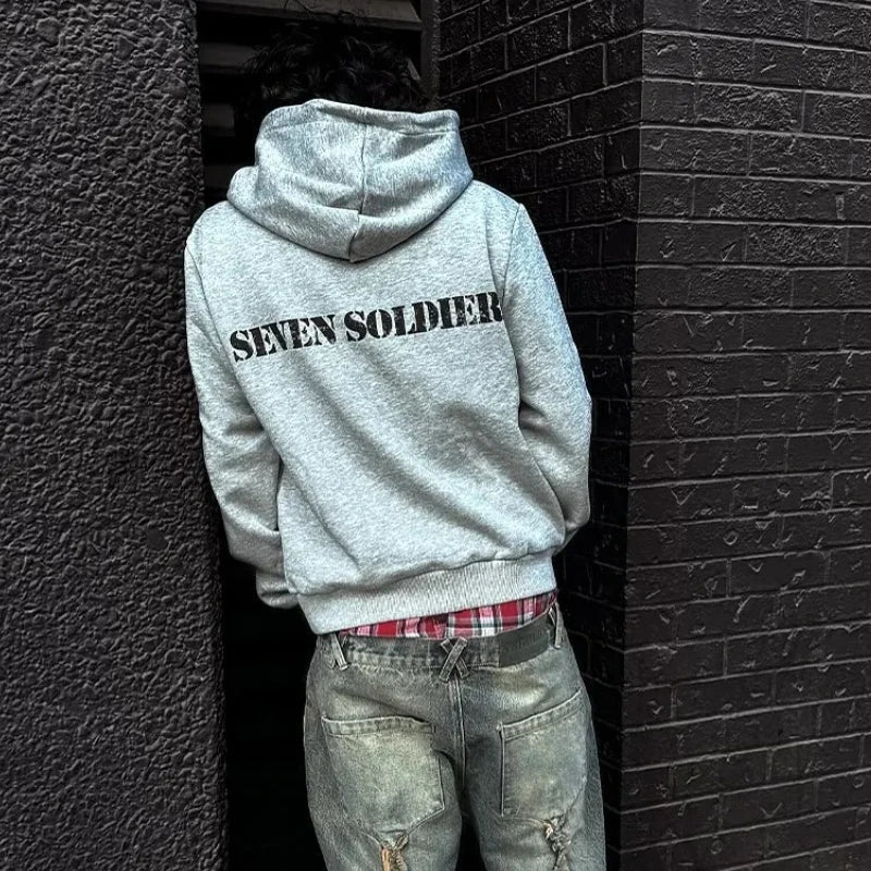 European and American Autumn and Winter Sports Hooded Pullover Retro Printing Pictures Men and Women Same Grey Loose Hoodie 002wardrobe