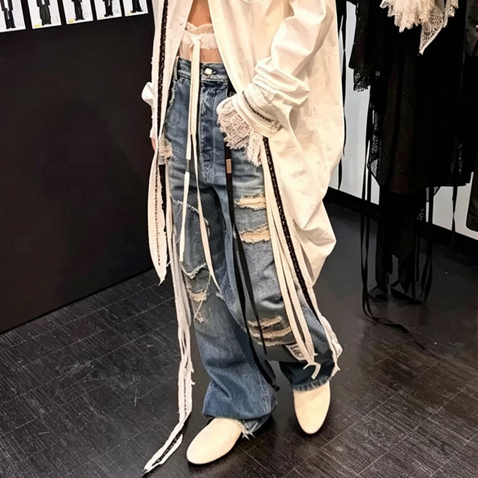 Patched Distressed Wide-Leg Denim