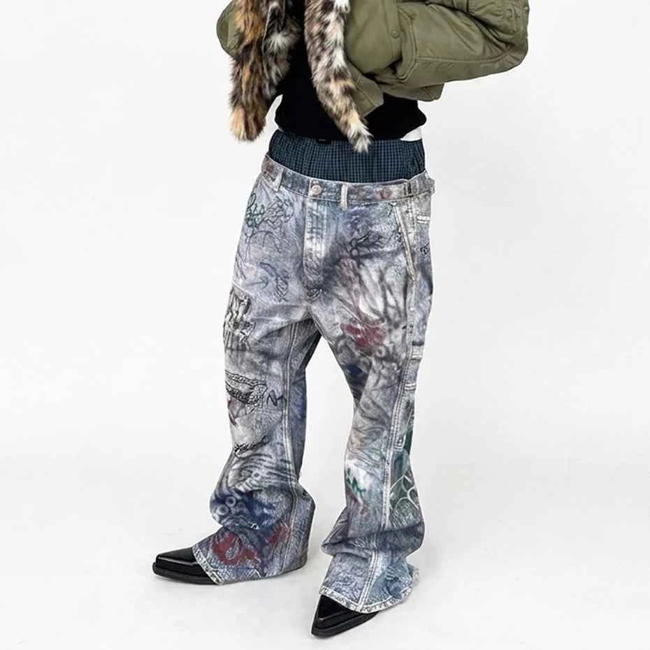 Double Waistline Jeans Men Fashion Graphic Graphic Loose Staight Denim Pants Streetwear Harajuku Hip Hop Baggy Jeans