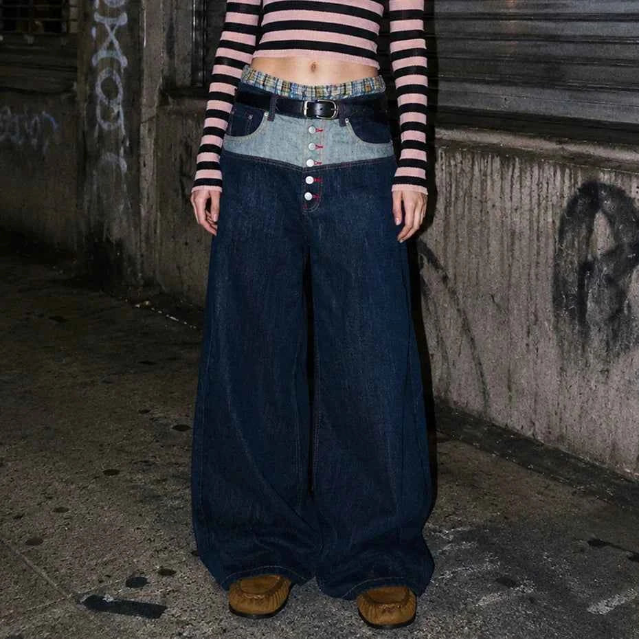 Men Hip Hop Baggy Jeans Patchwork Loose Straight Denim Pants Unisex Harajuku Streetwear Y2K Jeans