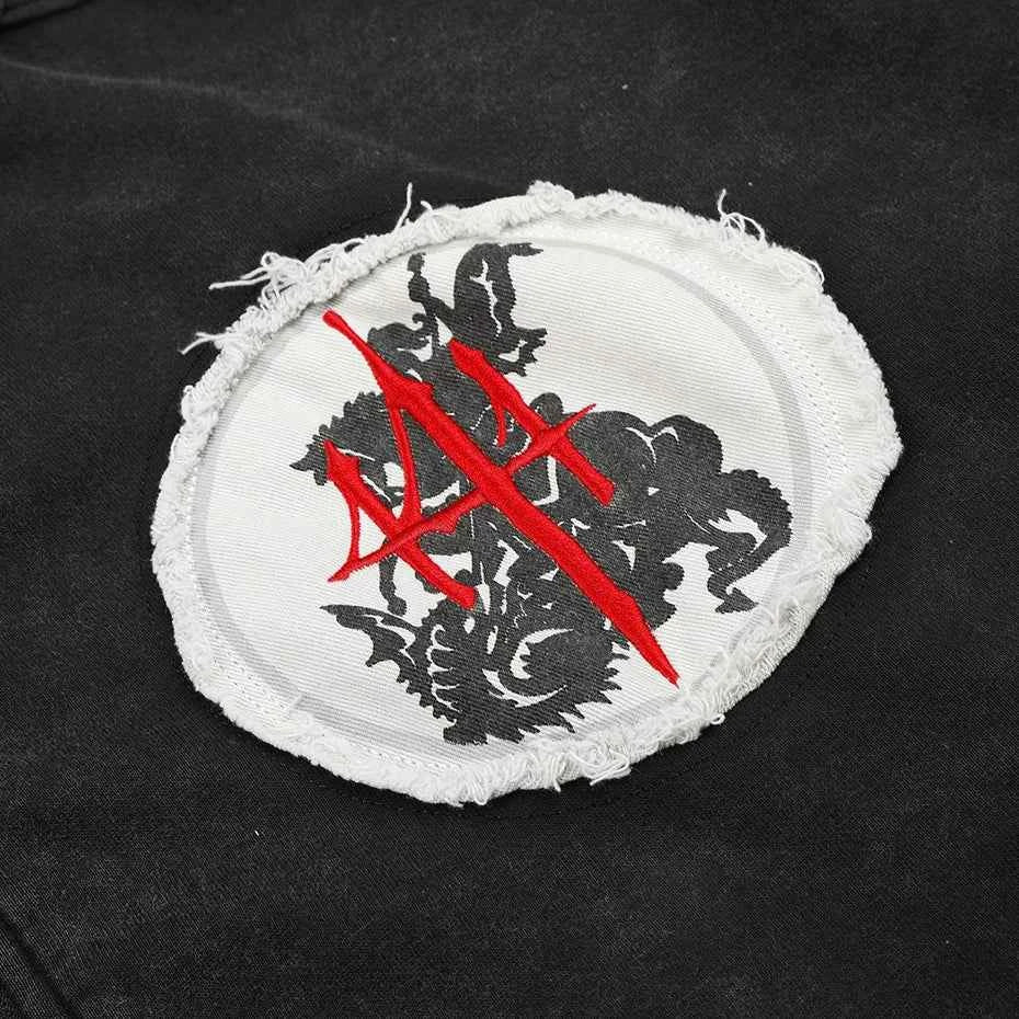 Heraldic Patch Acid-Wash Zip Hoodie