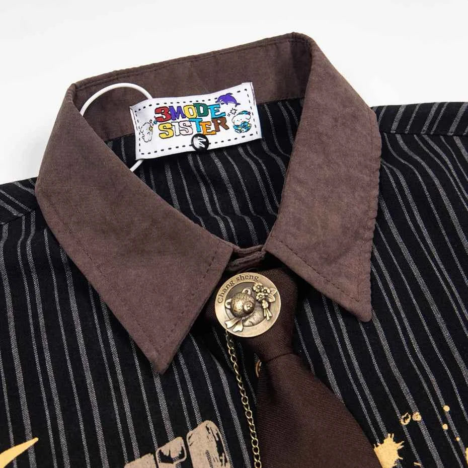 Men Vintage Shirts with Tie Summer Casual Loose Short Sleeve Shirts Button Up Blouse Streetwear Harajuku Oversized Y2K Shirts