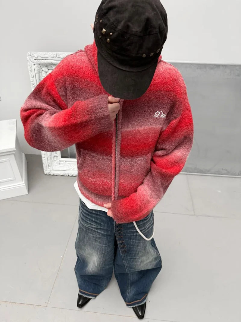 Hooded Knit Zip-Up Jacket Fuzzy Gradient Streetwear David Embroidery Casual Winter Warm Cozy Outerwear for Men Women Hoodies 002wardrobe