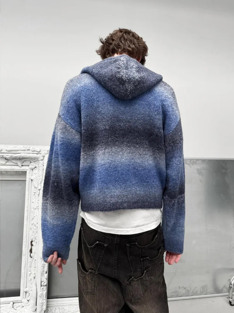 Hooded Knit Zip-Up Jacket Fuzzy Gradient Streetwear David Embroidery Casual Winter Warm Cozy Outerwear for Men Women Hoodies 002wardrobe