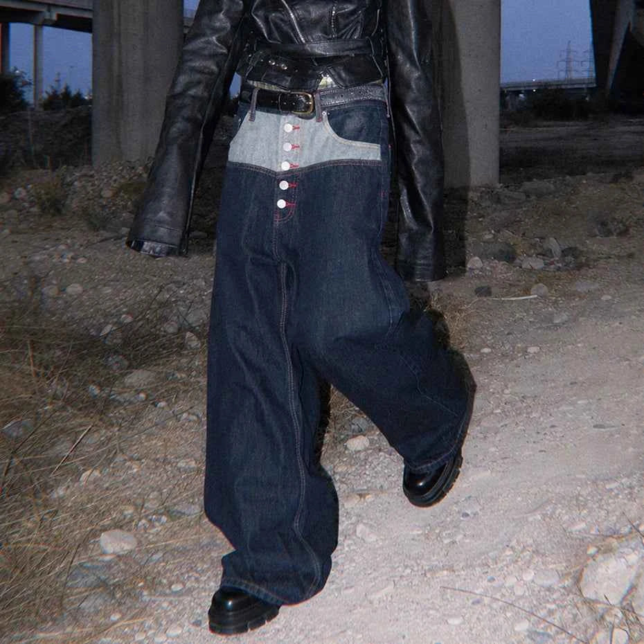 Men Hip Hop Baggy Jeans Patchwork Loose Straight Denim Pants Unisex Harajuku Streetwear Y2K Jeans