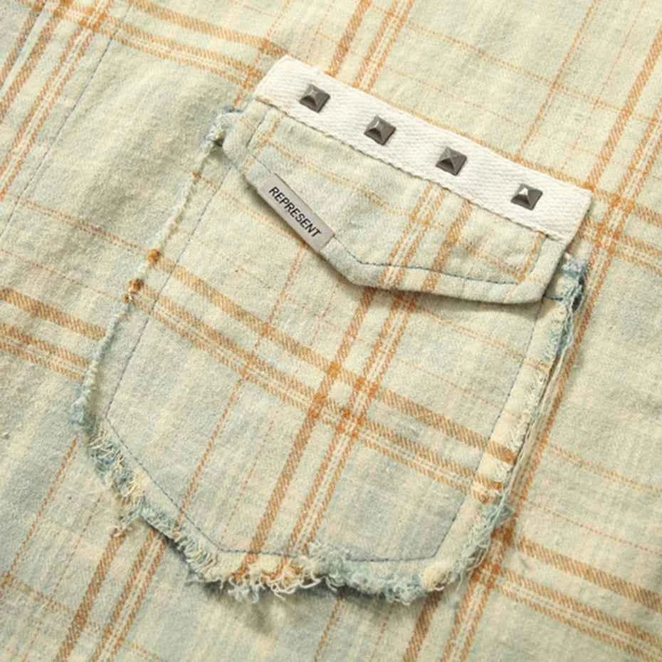Vintage Oversized Shirts Rivet Tassel Patchwork Hip Hop Plaid Shirts Casual Loose Long Sleeve Shirts Button Up Blouse