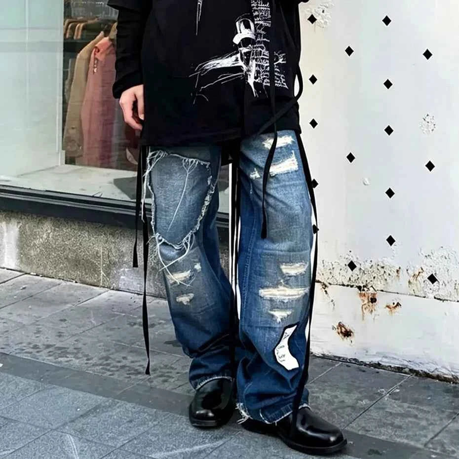 Patched Distressed Wide-Leg Denim