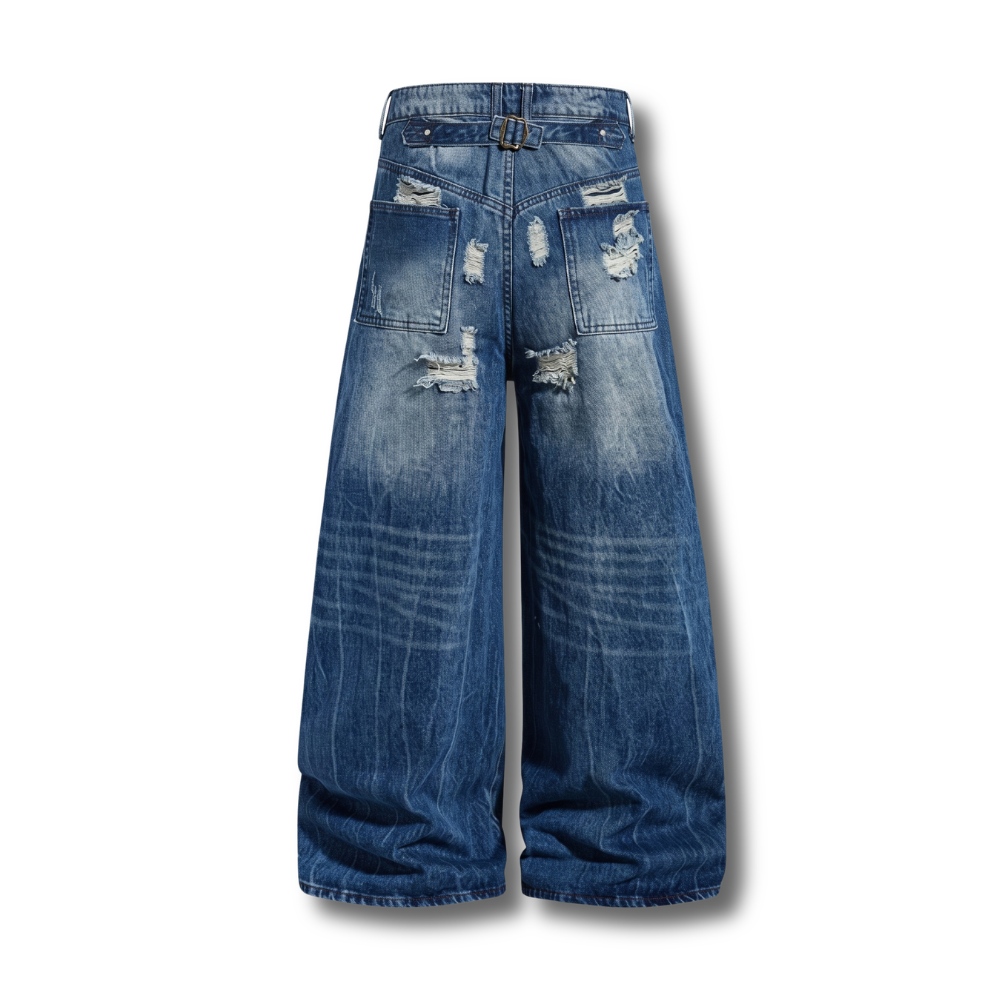 Cinch-Back Distressed Wide-Leg Denim