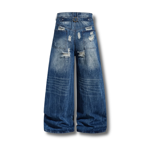 Cinch-Back Distressed Wide-Leg Denim