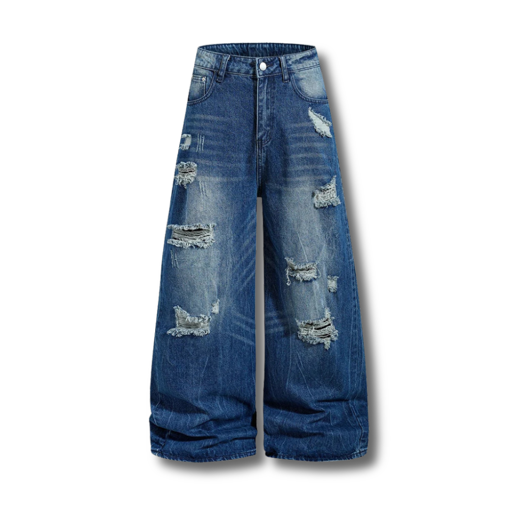 Cinch-Back Distressed Wide-Leg Denim