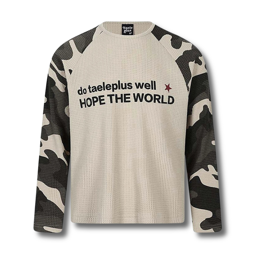 Camo-Sleeve Raglan Waffle Long-Sleeve