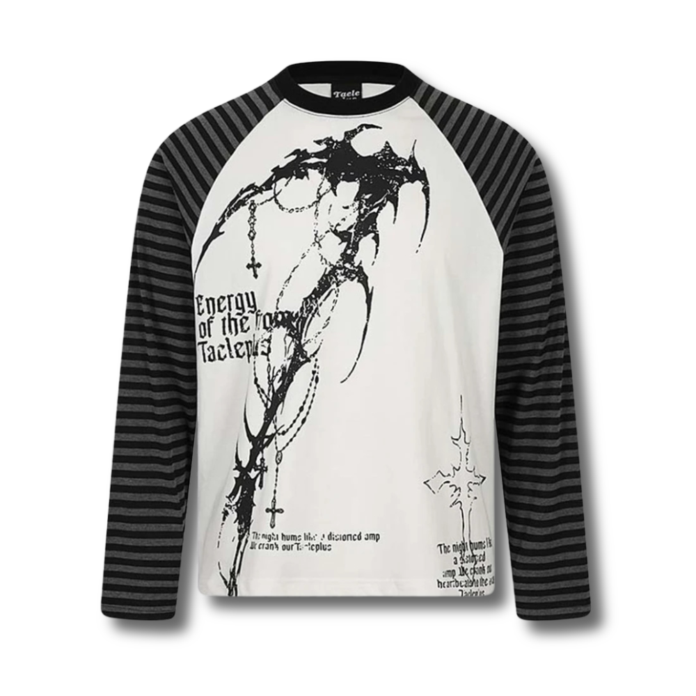 Striped-Sleeve Raglan Graphic Long-Sleeve