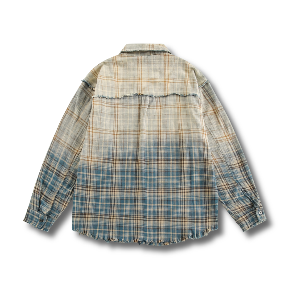 Ombre Fade Raw-Edge Plaid Shirt