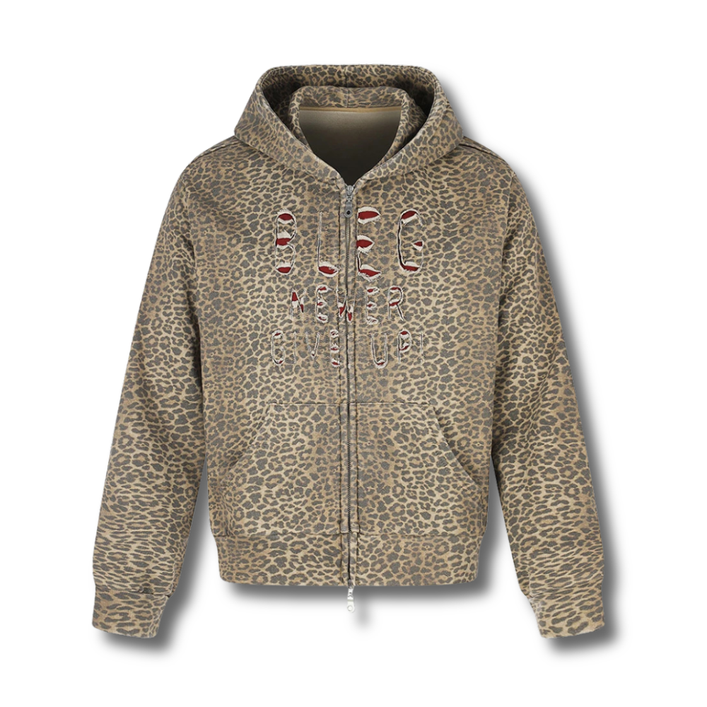Leopard Distressed Zip-Up Hoodie