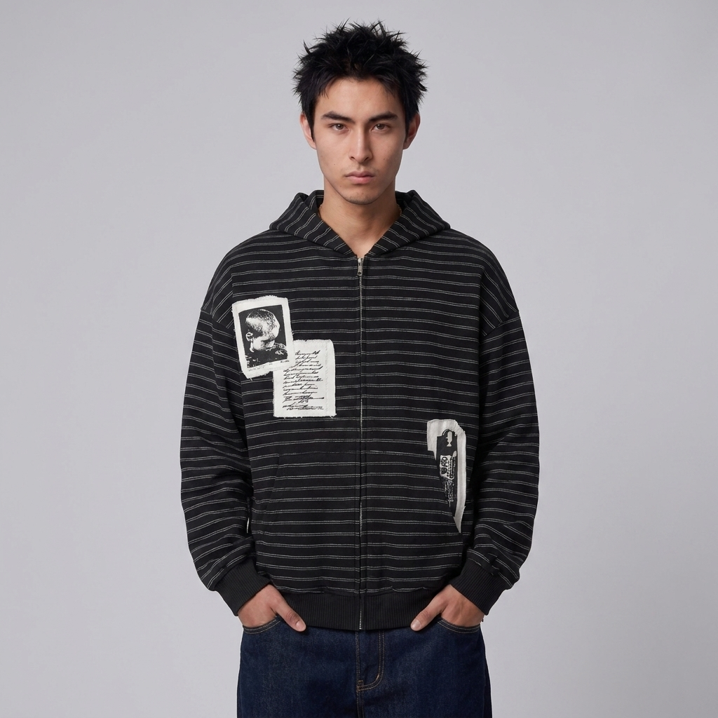 Patchwork Striped Zip-Up Hoodie in Pitch Black