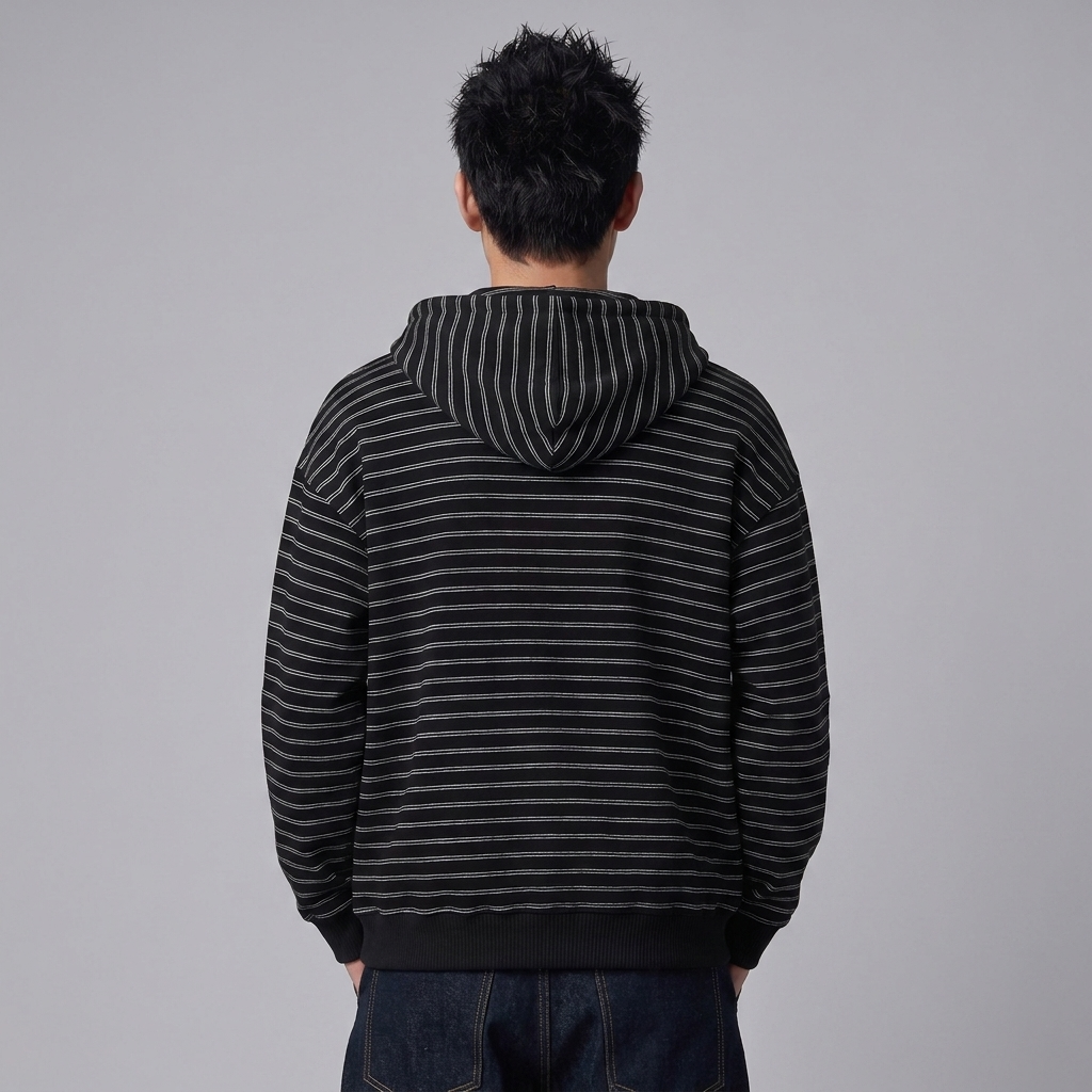 Patchwork Striped Zip-Up Hoodie in Pitch Black