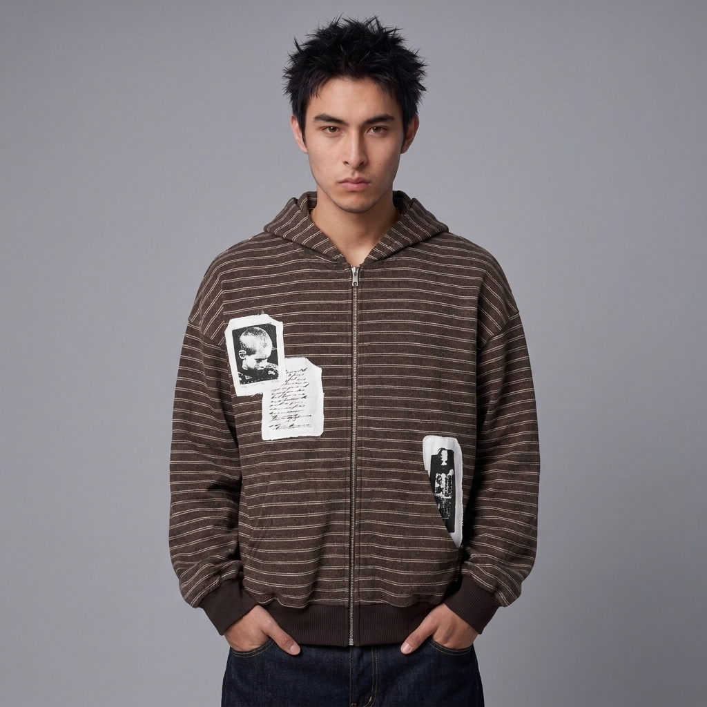 Patchwork Striped Zip-Up Hoodie in Earth Brown