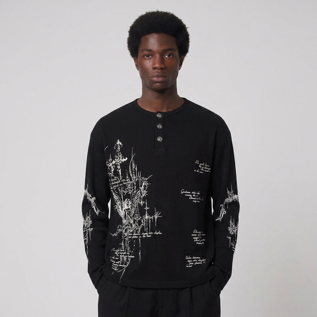 Gothic Angel Henley Thermal Long-Sleeve in Pitch Black