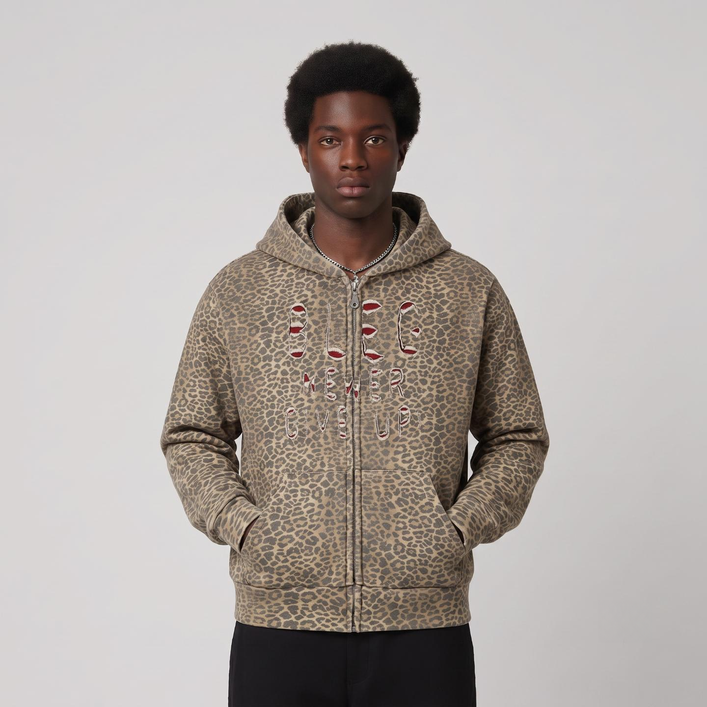 Leopard Distressed Zip-Up Hoodie