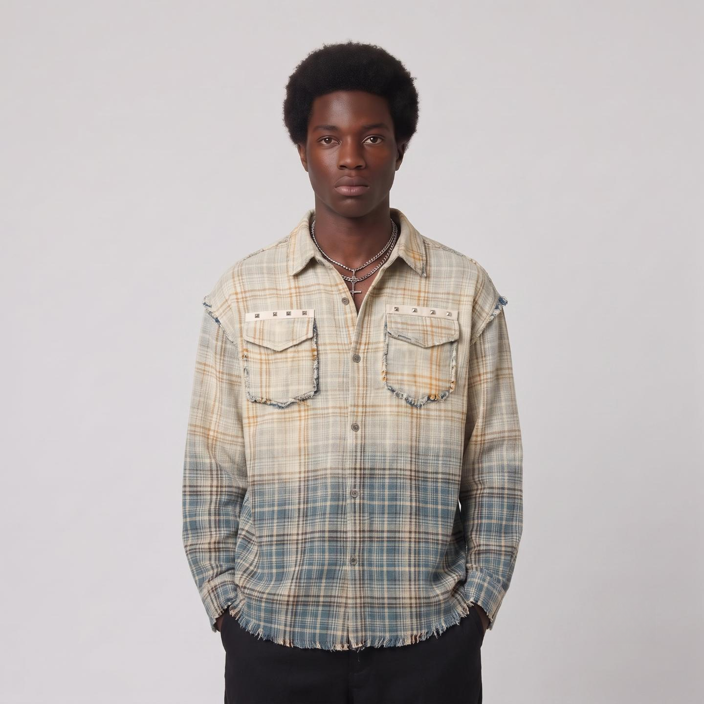 Ombre Fade Raw-Edge Plaid Shirt