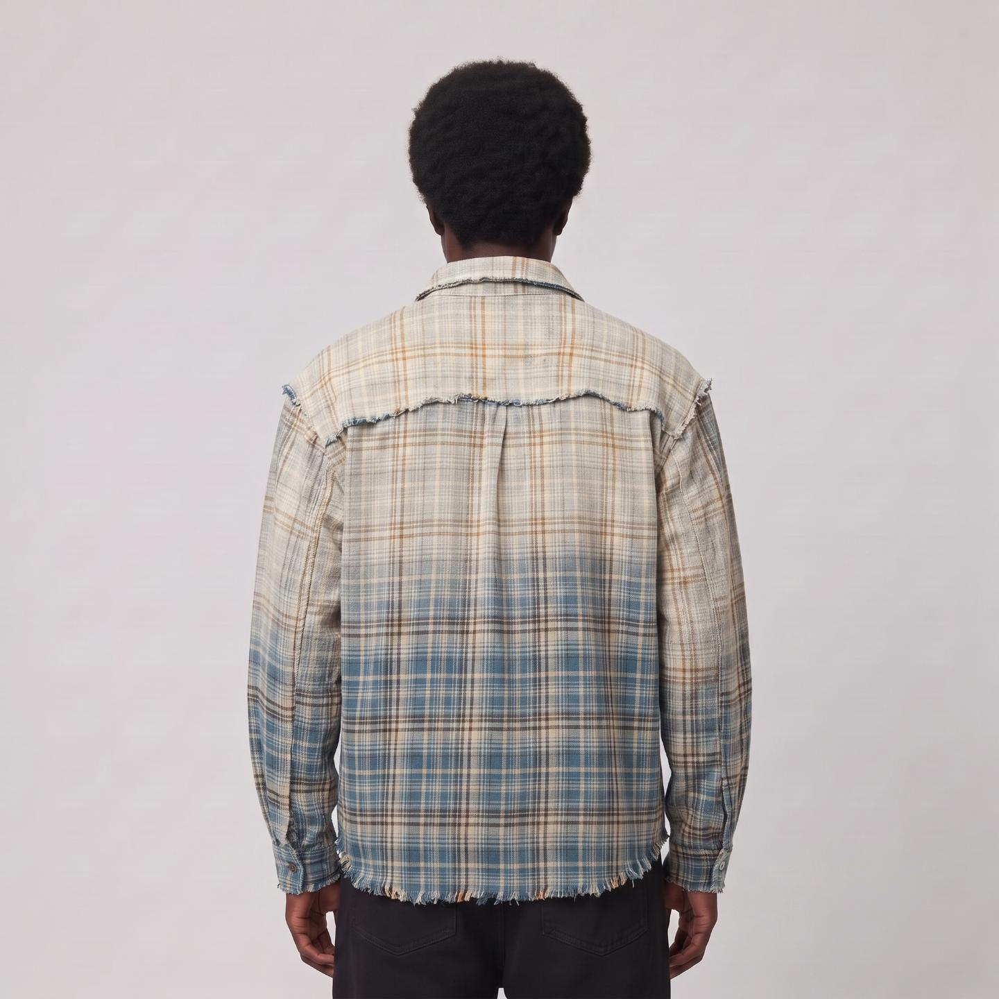 Ombre Fade Raw-Edge Plaid Shirt