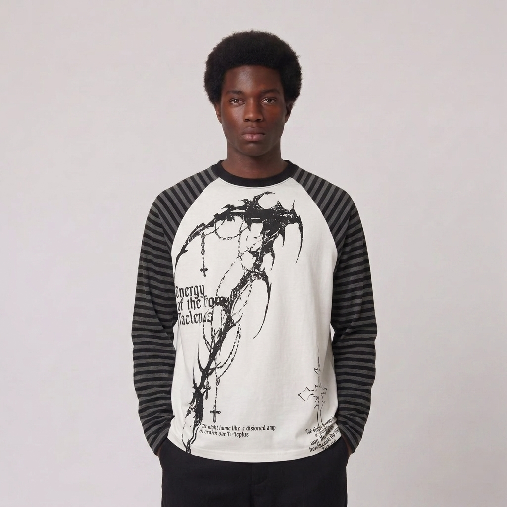 Striped-Sleeve Raglan Graphic Long-Sleeve