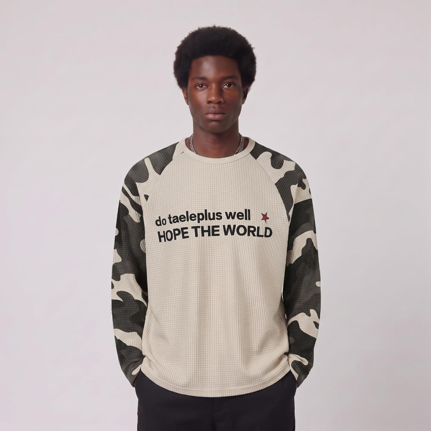 Camo-Sleeve Raglan Waffle Long-Sleeve