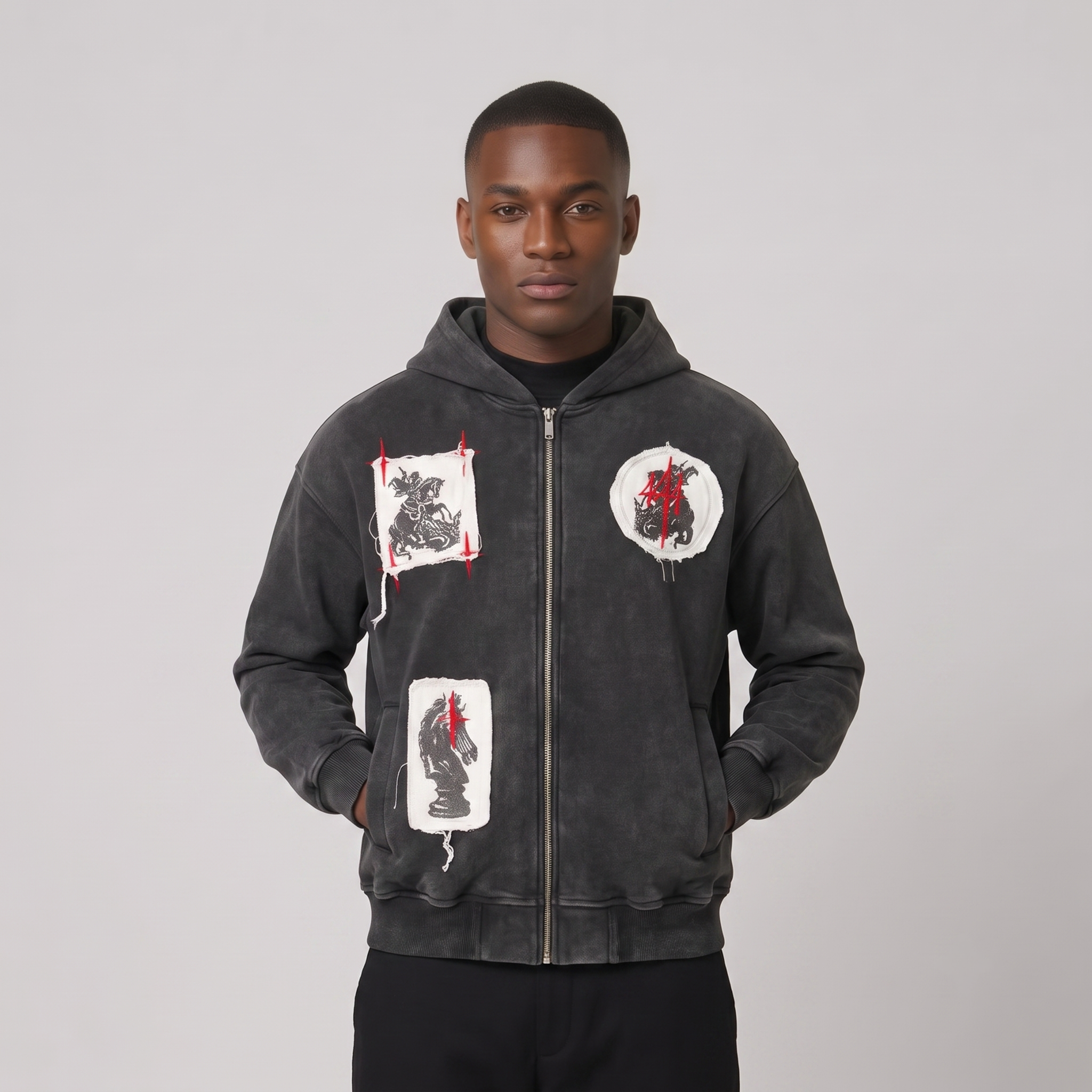 Heraldic Patch Acid-Wash Zip Hoodie
