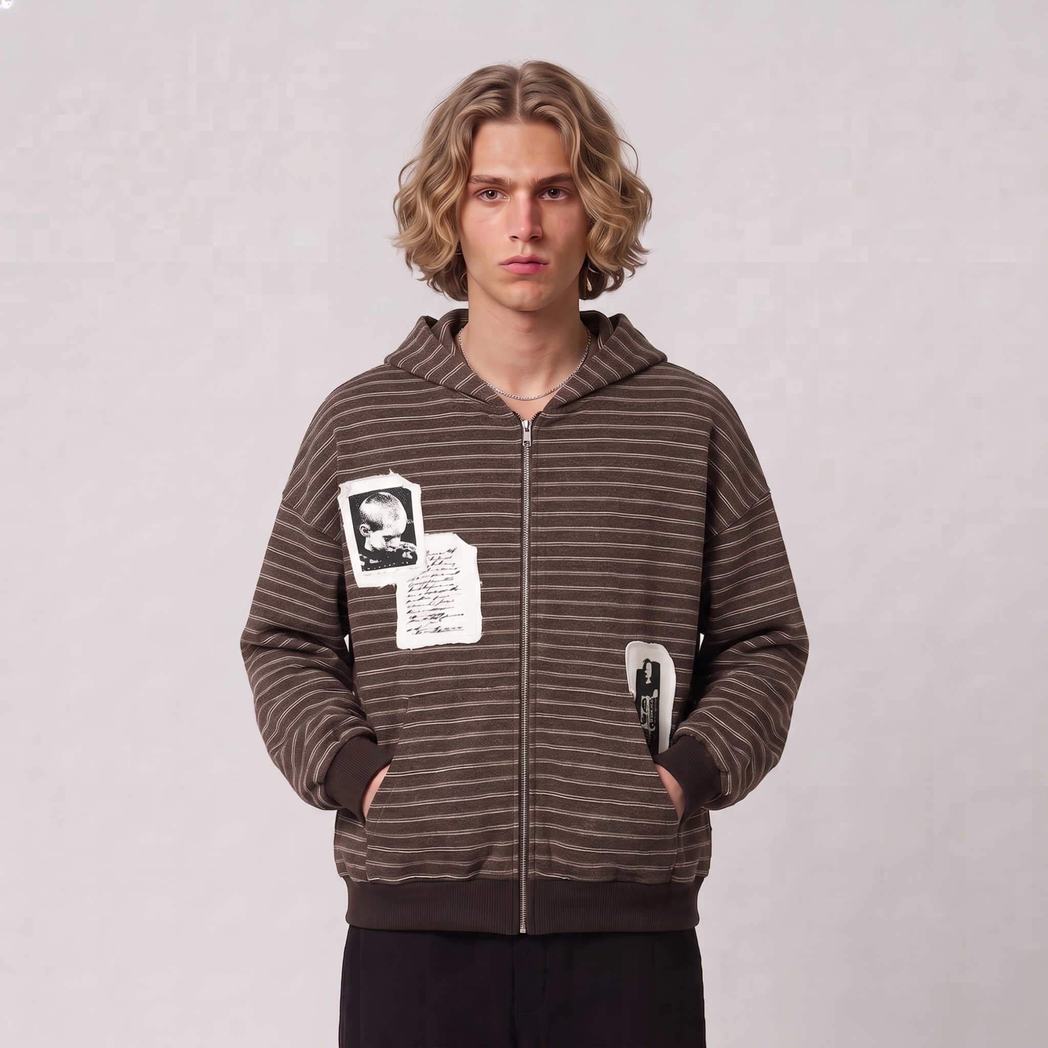 Patchwork Striped Zip-Up Hoodie